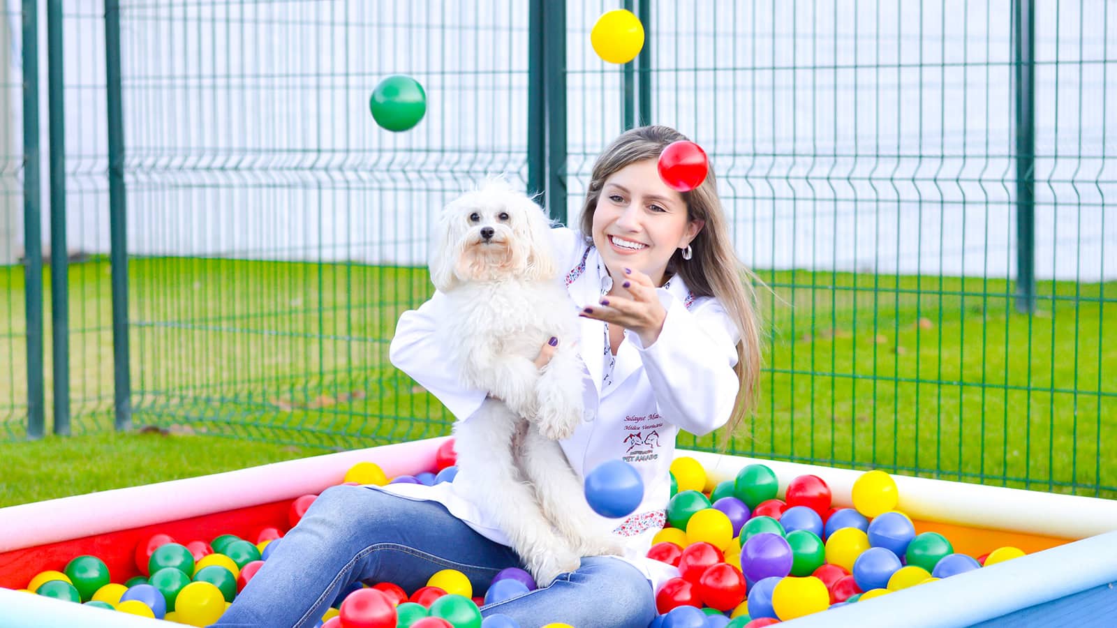 Cães brincando na área de lazer gramada da Hospedagem Pet Amado